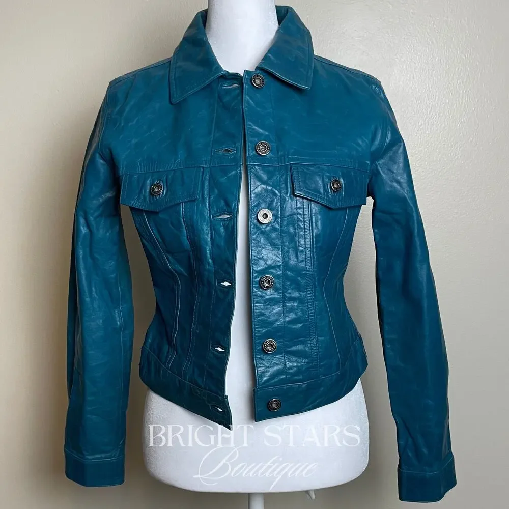 Rare Blue Teal Leather Jacket ASO Dawn Summers Buffy The Vampire Slayer Y2K